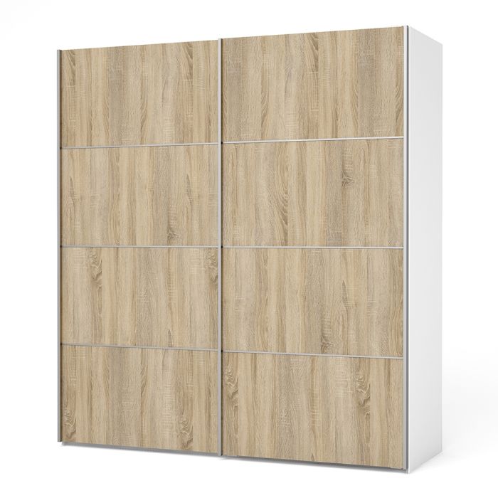 Verona Sliding Wardrobe 180cm in White with Oak Doors with 5 Shelves - UK