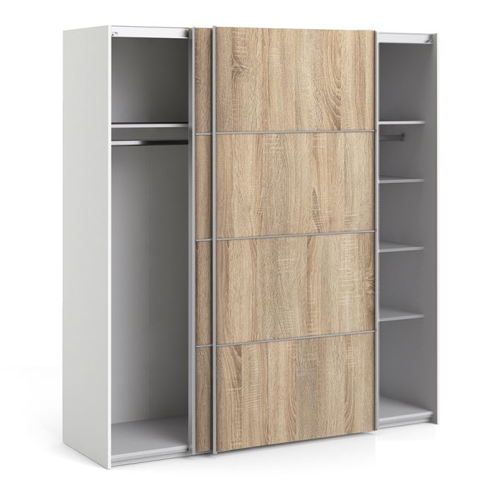 Verona Sliding Wardrobe 180cm in White with Oak Doors with 5 Shelves - UK