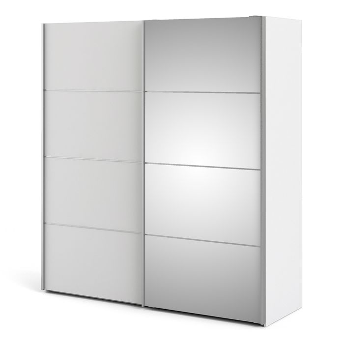 Verona Sliding Wardrobe 180cm in White with White and Mirror Doors with 2 Shelves - UK