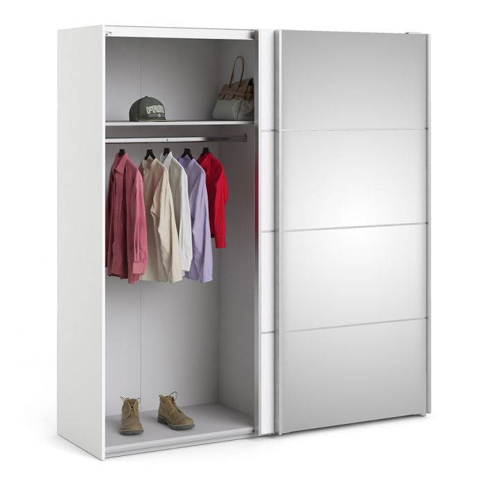 Verona Sliding Wardrobe 180cm in White with White and Mirror Doors with 2 Shelves - UK