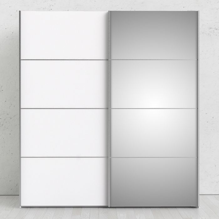 Verona Sliding Wardrobe 180cm in White with White and Mirror Doors with 2 Shelves - UK