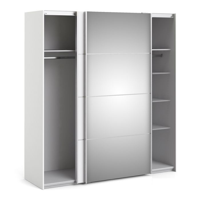 Verona Sliding Wardrobe 180cm in White with White and Mirror Doors with 5 Shelves - UK