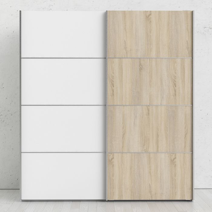 Verona Sliding Wardrobe 180cm in White with White and Oak doors with 2 Shelves - UK