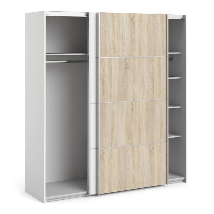 Verona Sliding Wardrobe 180cm in White with White and Oak doors with 5 Shelves - UK