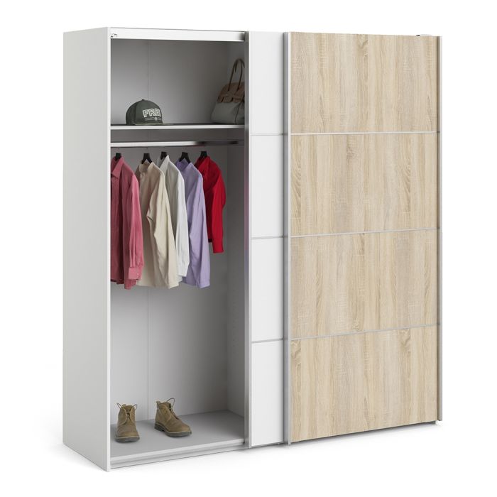 Verona Sliding Wardrobe 180cm in White with White and Oak doors with 5 Shelves - UK