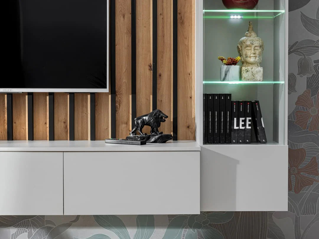 Verti Wooden TV Entertainment Unit in Pearl Grey & Oak Artisan