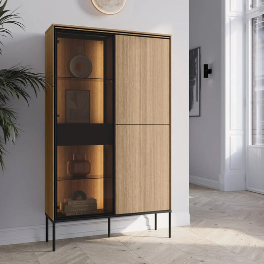 Visso Wooden Display Cabinet with 3 Doors 1 Drawer in Oak Linear
