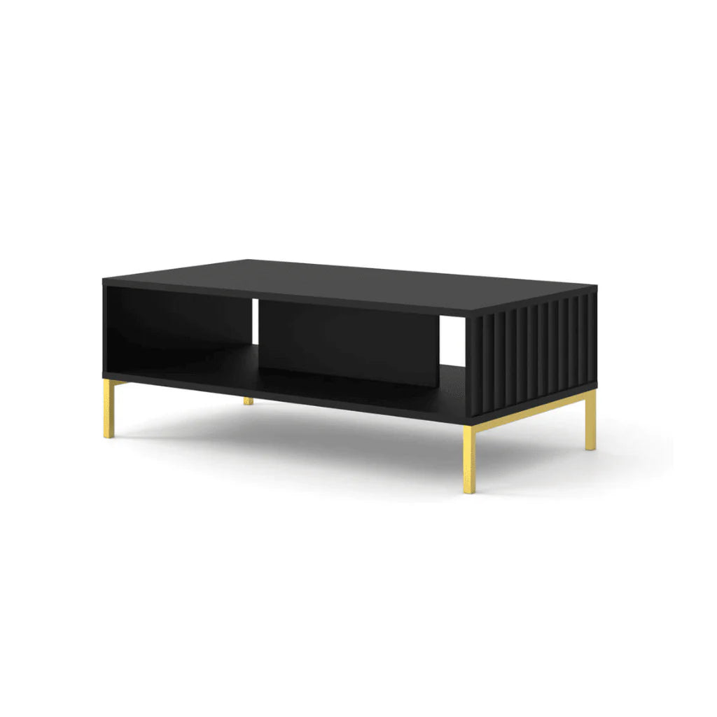 Wave Wooden Coffee Table 90cm in Black with Gold Metal Legs