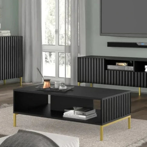 Wave Wooden Coffee Table 90cm in Black with Gold Metal Legs