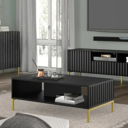 Wave Wooden Coffee Table 90cm in Black with Gold Metal Legs
