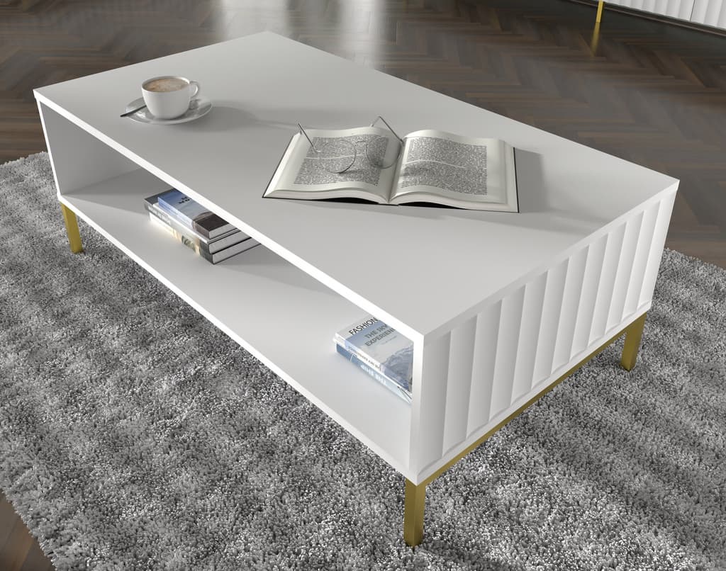 Wave Wooden Coffee Table 90cm in White with Gold Metal Legs