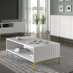 Wave Wooden Coffee Table 90cm in White with Gold Metal Legs - Furniture One Shop