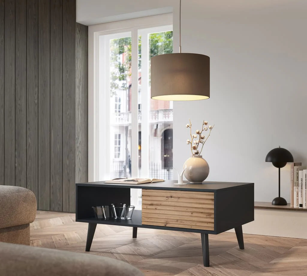 Willow Wooden Coffee Table 104cm in Oak Artisan and Black With Black Wooden Legs