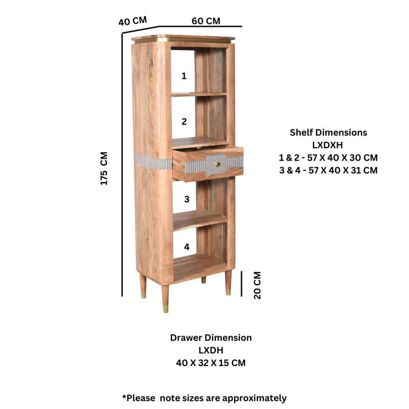 Wilton 1 Drawers Slim Bookcase in Acacia Wood - UK