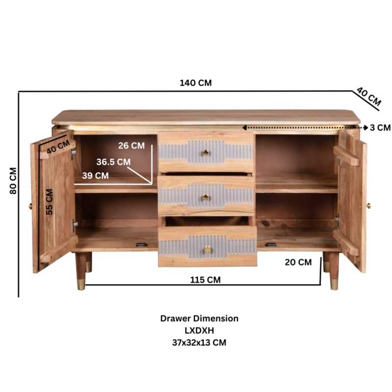 Wilton 2 Doors 3 Drawers Sideboard in Acacia Wood 140cm - UK