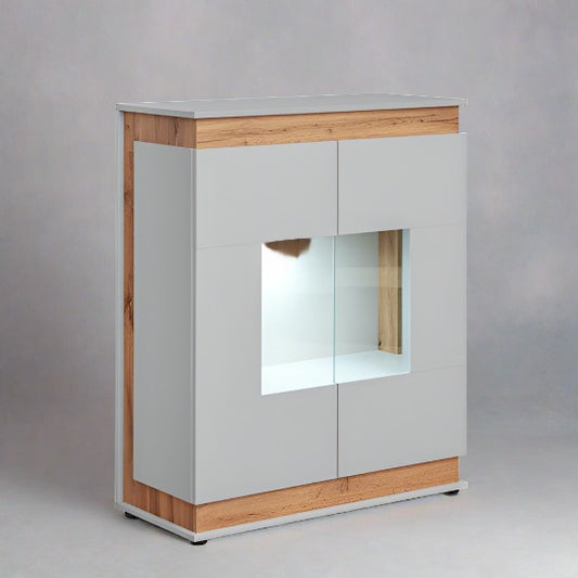 Berlin Wooden 2 Doors Display Cabinet in Oak and Matt Grey - Furniture One Shop