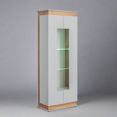 Berlin Wooden Tall Display Cabinet in Oak and Matt Grey - Furniture One Shop