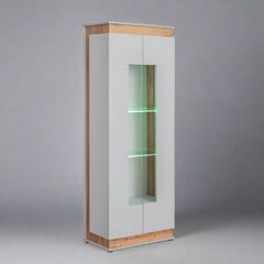 Berlin Wooden Tall Display Cabinet in Oak and Matt Grey - Furniture One Shop