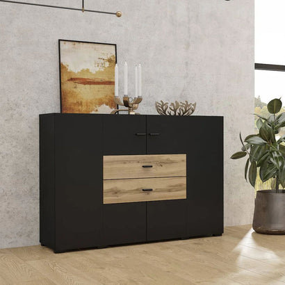 Coby Small Wooden 2 Door 2 Drawers Sideboard in Oak Wotan & Black