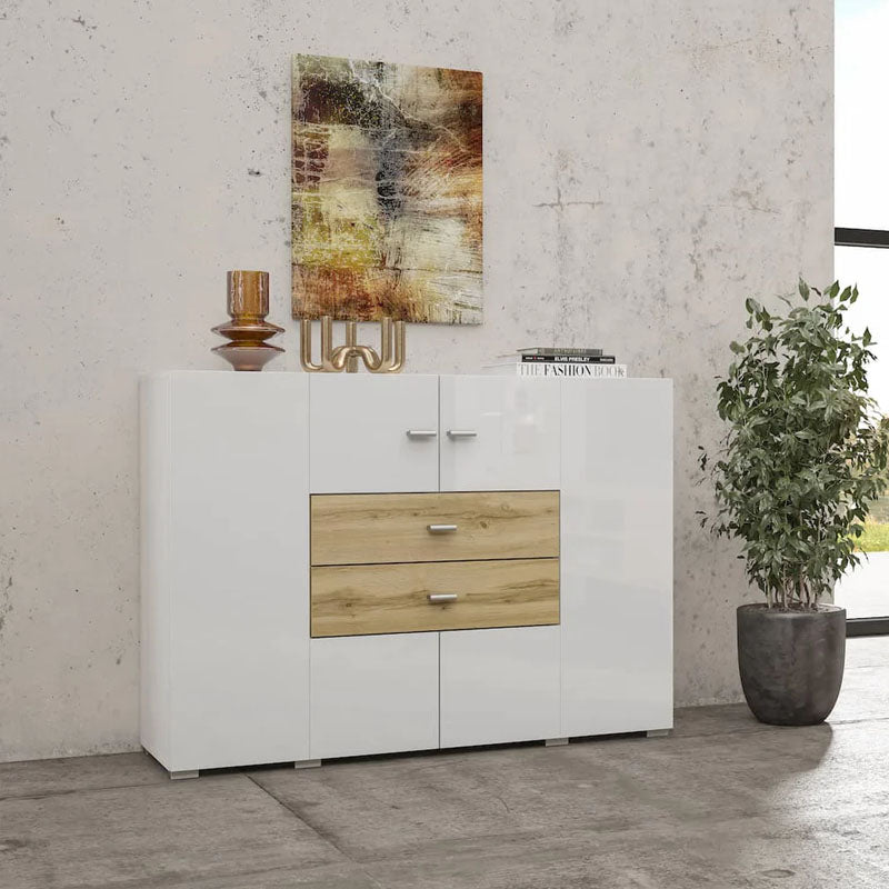 Coby Small Wooden 2 Door 2 Drawers Sideboard in Oak Wotan & White Gloss