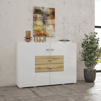 Coby Small Wooden 2 Door 2 Drawers Sideboard in Oak Wotan & White Gloss - Furniture One Shop
