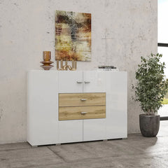 Coby Small Wooden 2 Door 2 Drawers Sideboard in Oak Wotan & White Gloss - Furniture One Shop