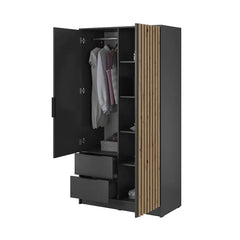 Bamberg Hinged Door Wooden Wardrobe with 2 Doors 2 Drawer in Graphite & Lamella Artisan - Furniture One Shop