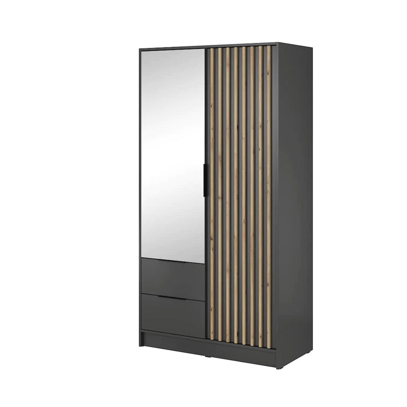 Bamberg Mirrored Hinged Door Wooden Wardrobe with 2 Doors 2 Drawer in Graphite & Lamella Artisan