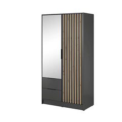 Bamberg Mirrored Hinged Door Wooden Wardrobe with 2 Doors 2 Drawer in Graphite & Lamella Artisan - Furniture One Shop