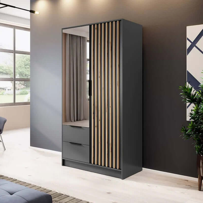 Bamberg Mirrored Hinged Door Wooden Wardrobe with 2 Doors 2 Drawer in Graphite & Lamella Artisan