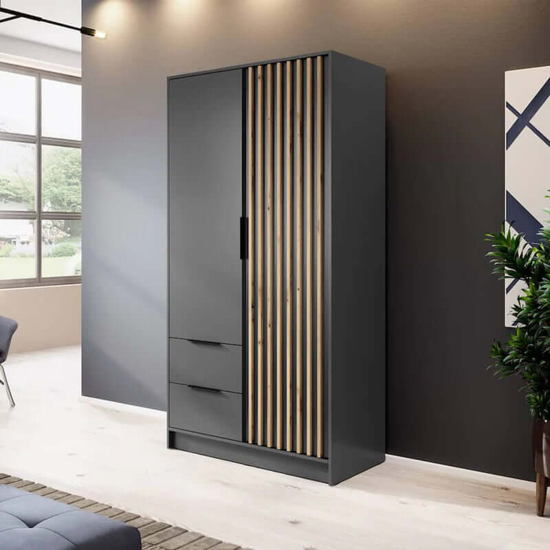 Bamberg Hinged Door Wooden Wardrobe with 2 Doors 2 Drawer in Graphite & Lamella Artisan - Furniture One Shop