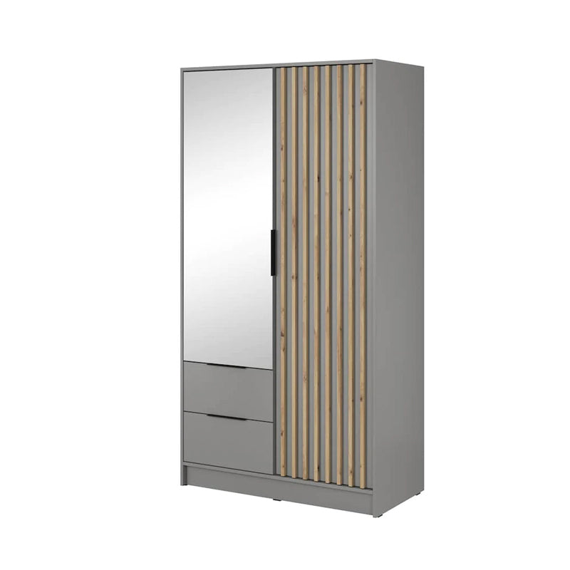 Bamberg Mirrored Hinged Door Wooden Wardrobe with 2 Doors 2 Drawer in Grey & Lamella Artisan