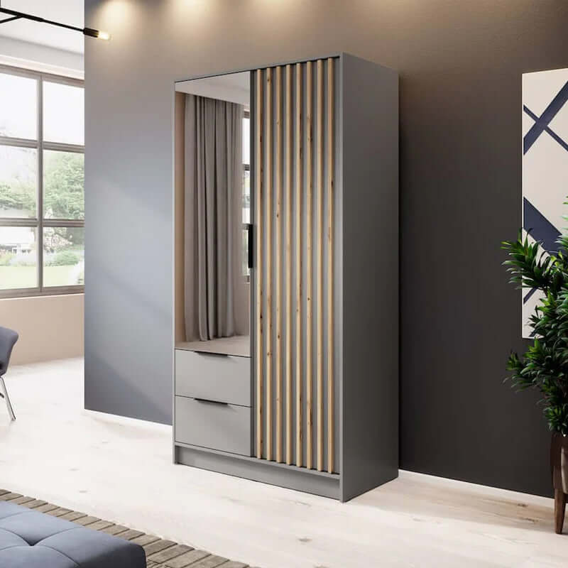 Bamberg Mirrored Hinged Door Wooden Wardrobe with 2 Doors 2 Drawer in Grey & Lamella Artisan