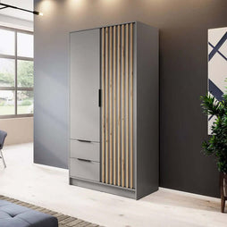 Bamberg Hinged Door Wooden Wardrobe with 2 Doors 2 Drawer in Grey & Lamella Artisan - Furniture One Shop