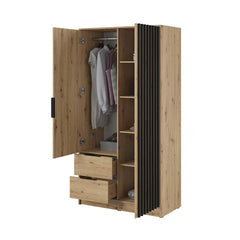 Bamberg Hinged Door Wooden Wardrobe with 2 Doors 2 Drawer in Oak Artisan & Lamella Black - Furniture One Shop