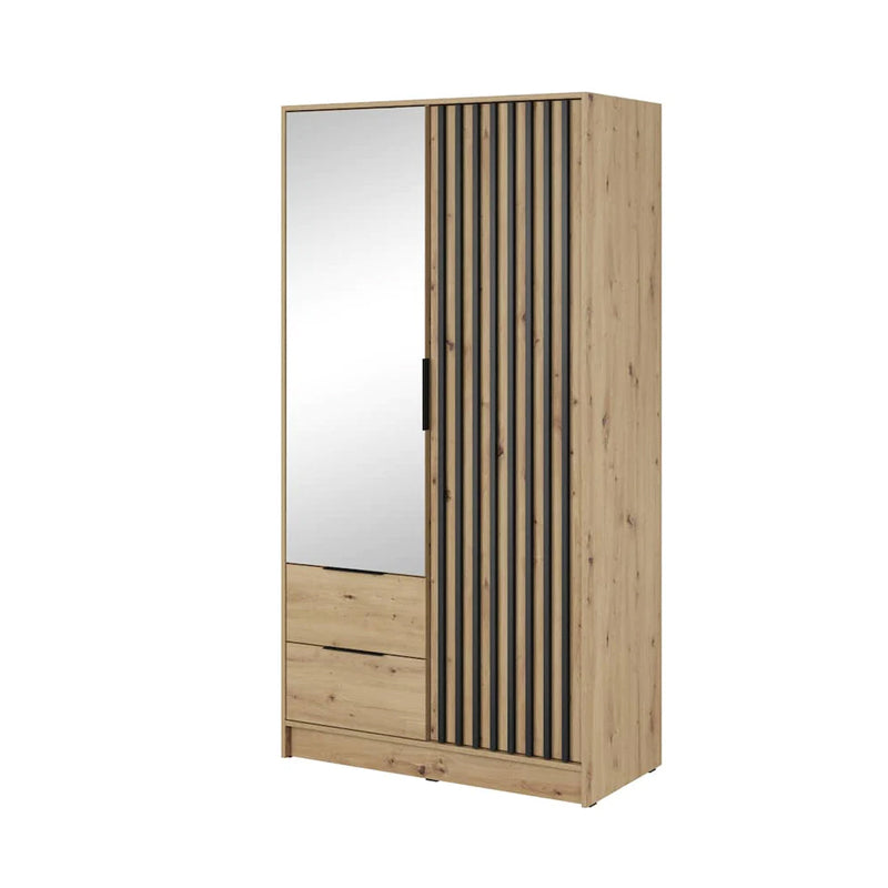 Bamberg Mirrored Hinged Door Wooden Wardrobe with 2 Doors 2 Drawer in Oak Artisan & Lamella Black