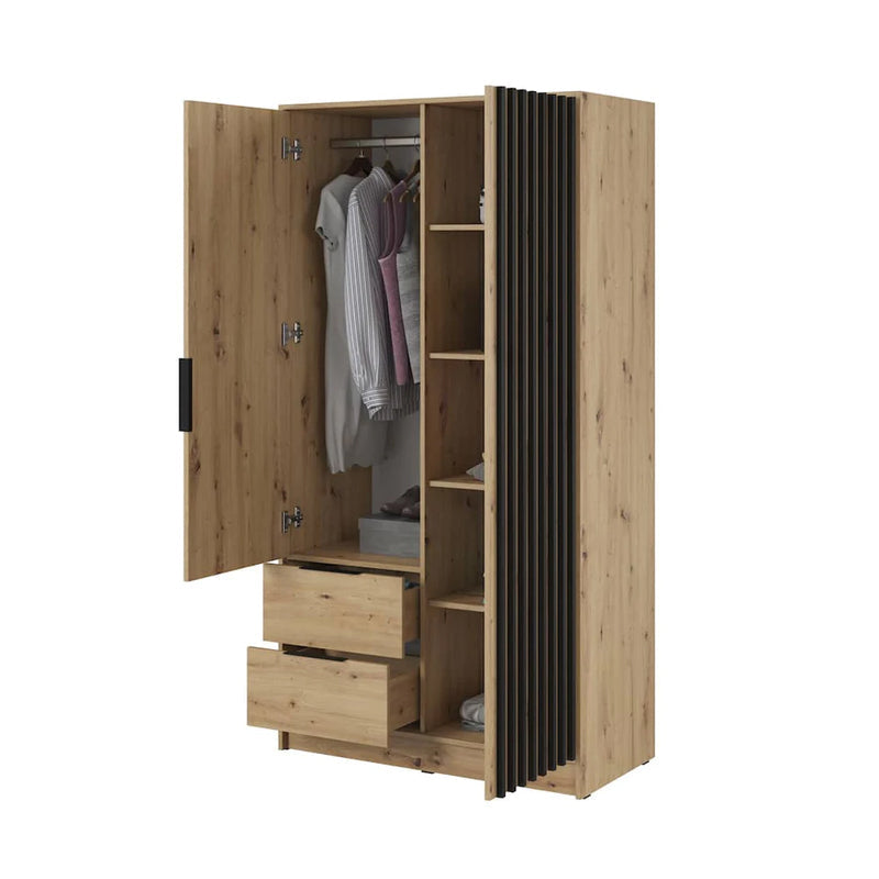 Bamberg Mirrored Hinged Door Wooden Wardrobe with 2 Doors 2 Drawer in Oak Artisan & Lamella Black - Furniture One Shop