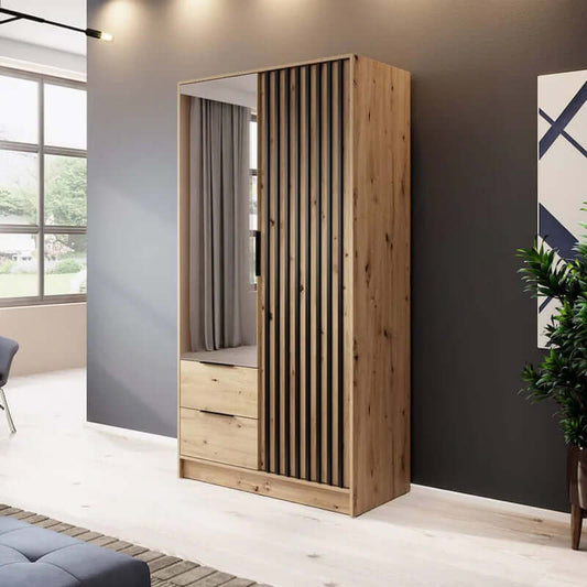 Bamberg Mirrored Hinged Door Wooden Wardrobe with 2 Doors 2 Drawer in Oak Artisan & Lamella Black - Furniture One Shop