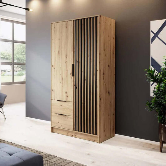 Bamberg Hinged Door Wooden Wardrobe with 2 Doors 2 Drawer in Oak Artisan & Lamella Black - Furniture One Shop