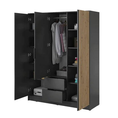 Bamberg Hinged Door Wooden Wardrobe with 3 Doors 2 Drawer in Graphite & Lamela Artisan - Furniture One Shop