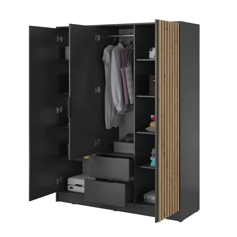 Bamberg Hinged Door Wooden Wardrobe with 3 Doors 2 Drawer in Graphite & Lamela Artisan