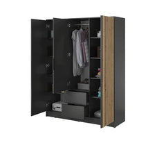 Bamberg Mirrored Hinged Door Wooden Wardrobe with 3 Doors 2 Drawer in Graphite & Lamella Artisan - Furniture One Shop
