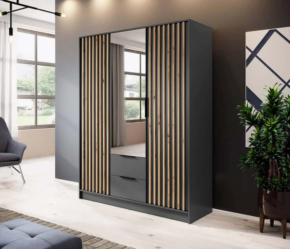 Bamberg Mirrored Hinged Door Wooden Wardrobe with 3 Doors 2 Drawer in Graphite & Lamella Artisan - Furniture One Shop