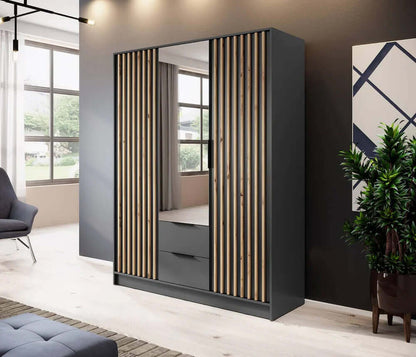 Bamberg Mirrored Hinged Door Wooden Wardrobe with 3 Doors 2 Drawer in Graphite & Lamella Artisan - Furniture One Shop