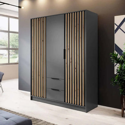 Bamberg Hinged Door Wooden Wardrobe with 3 Doors 2 Drawer in Graphite & Lamela Artisan - Furniture One Shop