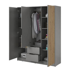 Bamberg Hinged Door Wooden Wardrobe with 3 Doors 2 Drawer in Grey & Lamella Artisan - Furniture One Shop