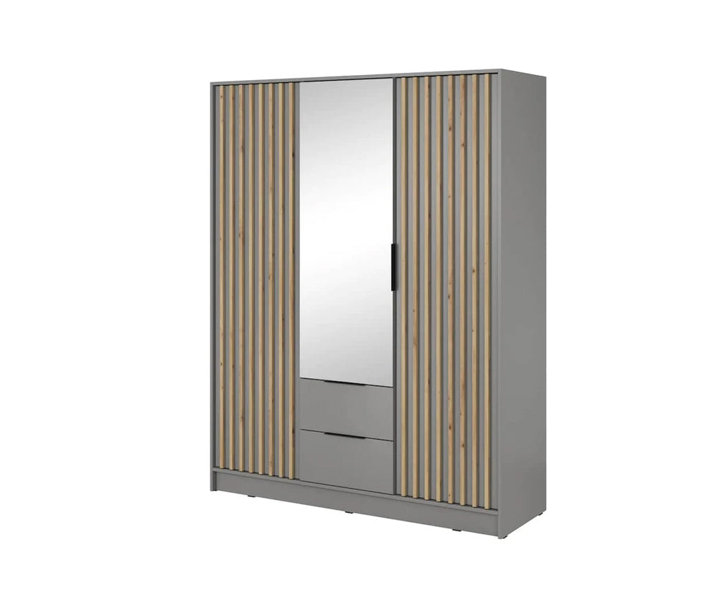 Bamberg Mirrored Hinged Door Wooden Wardrobe with 3 Doors 2 Drawer in Grey & Lamella Artisan - Furniture One Shop