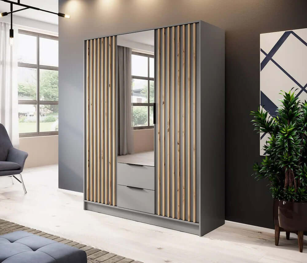 Bamberg Mirrored Hinged Door Wooden Wardrobe with 3 Doors 2 Drawer in Grey & Lamella Artisan