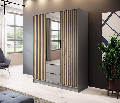 Bamberg Mirrored Hinged Door Wooden Wardrobe with 3 Doors 2 Drawer in Grey & Lamella Artisan - Furniture One Shop