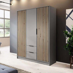 Bamberg Hinged Door Wooden Wardrobe with 3 Doors 2 Drawer in Grey & Lamella Artisan - Furniture One Shop